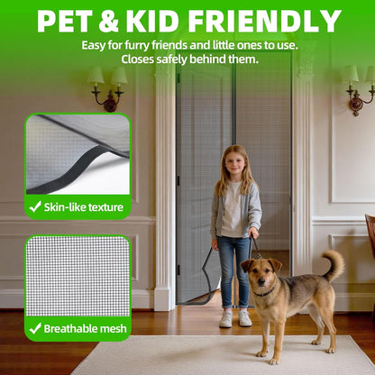 Magnetic Screen Door - 38"x83" Heavy Duty Mesh for Entry Front Back Patio Sliding Door, Self Sealing Hands Free, Bug Proof, Windproof Clips, No Drill Easy Install, Pet & Child Friendly, Black