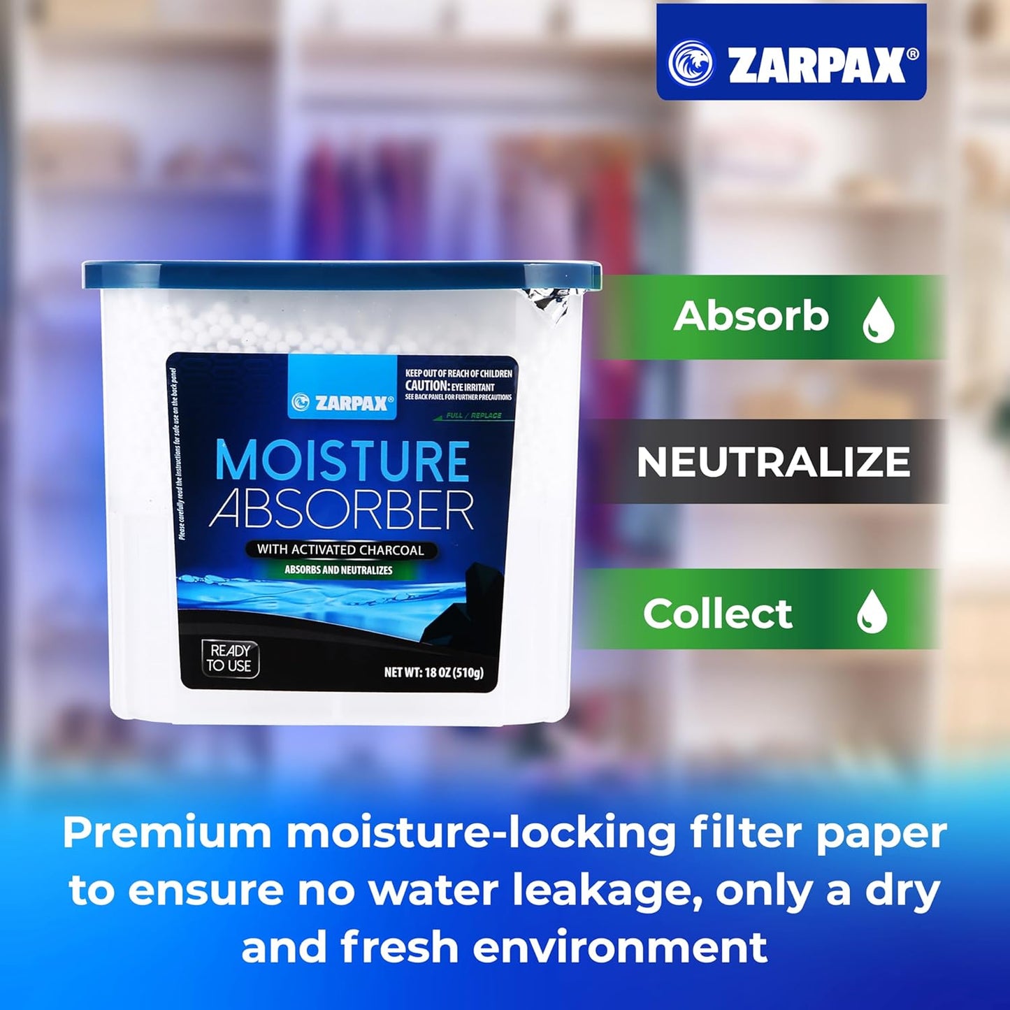 ZARPAX Moisture Absorber Activated Charcoal 10.5 oz/300g | Removes Moisture, Damp, Humidity & Odors | Odor Absorber | Moisture Trap for Bathroom, Closet, Kitchen & Small Spaces | Set of 4