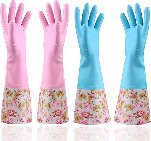 KINGFINGER PVC Latex-Free Long Dishwashing Gloves for Household Cleaning, Waterproof, 2-Pair Large with Long Cuff & Flock Lining