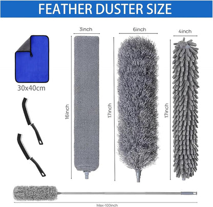 4 Pcs Microfiber Cobweb Duster with 100-inch Extendable Pole, Washable and Reusable Feather Cleaning Duster Kit with 3 Duster Heads,Dusters for Cleaning with Telescopic Pole for High Ceiling Fan