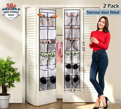 MISSLO Over The Door Shoe Organizer 12 Large Mesh Pockets Hanging Narrow Closet Door, White, 2 Pack
