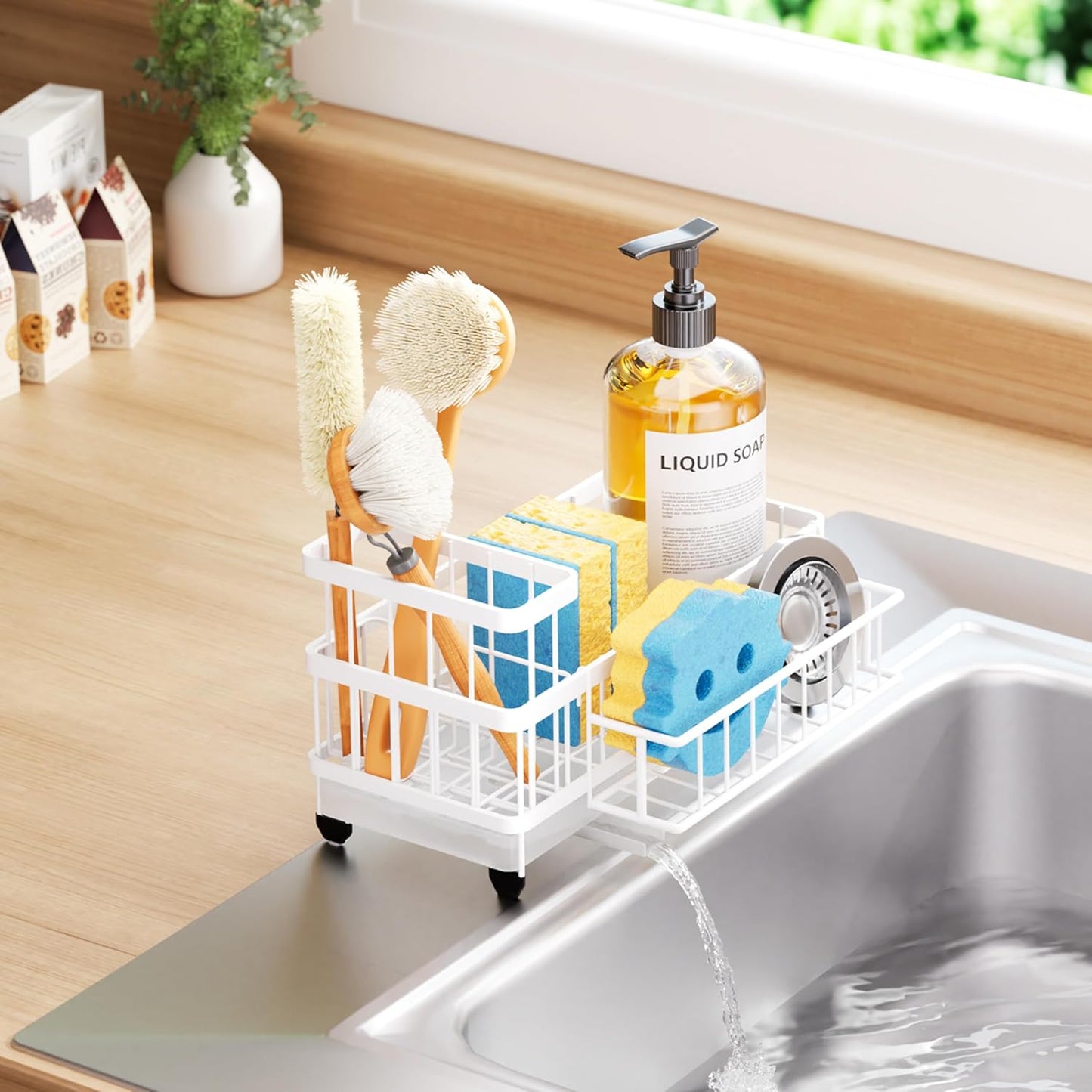 Consumest Sponge Holder for Kitchen Sink - Auto Draining Sink Caddy Organizer with Detachable Rack, High Brush Holder, Kitchen Countertop Storage Accessories, Black