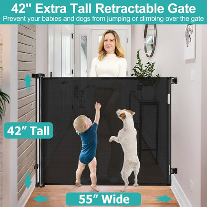 42 Inch Extra Tall Dog Gate Indoor 55” Wide Puppy Gates for The House Prevent Kids/Pets from Jumping Over Retractable Extra Tall Baby Gates for Doorways Retractable Outdoor Pet Gate for Stairs, Black
