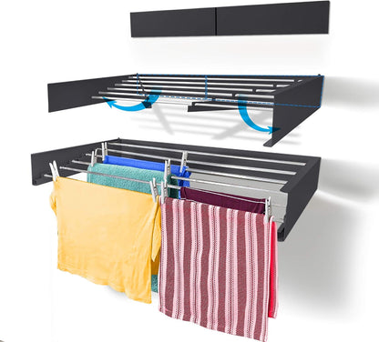 Step Up Laundry Drying Rack (28-INCH White), Wall Mounted, Retractable Clothes Drying Rack, 40lbs Capacity, 11.6 Linear Ft, with Wall Template and Long Screwdriver Bit