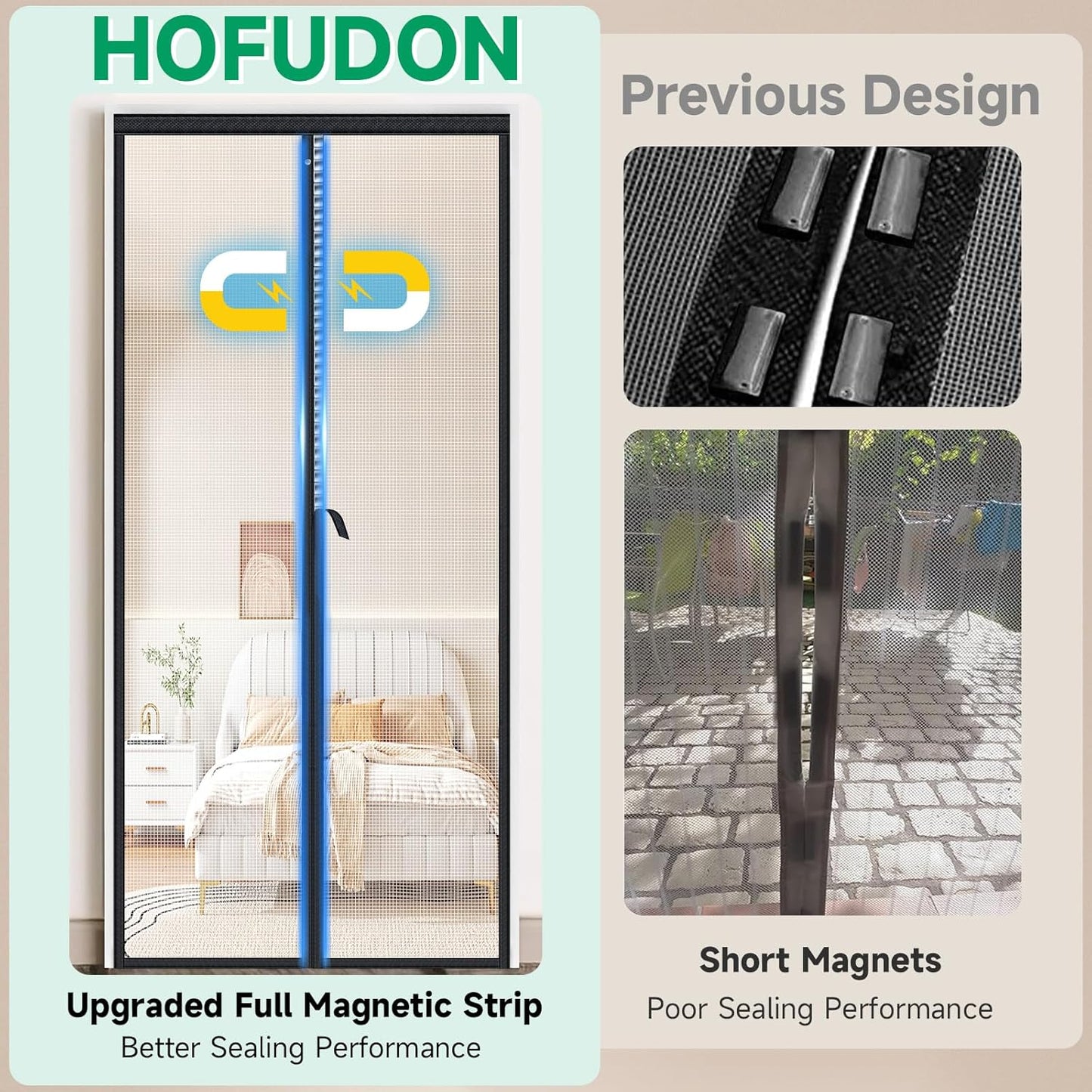 HOFUDON Upgraded Magnetic Screen Door Mesh, Full Strip Magnets, Heavy Duty Fiberglass Mesh, Door Screen Magnetic Closure for Single Door Size 32 x 80 Inch, Screen Door Size 35 x 82 Inch Black