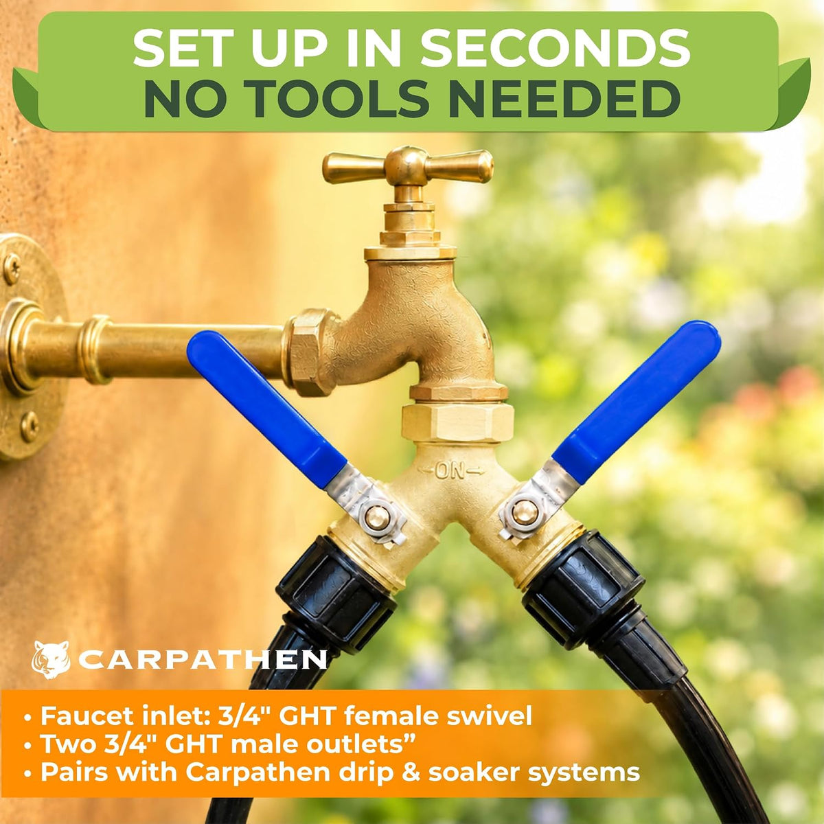 CARPATHEN Brass Hose Splitter 2 Way Heavy Duty - Solid Brass Garden Hose Splitter, Y Valve Water Connector with Long Handles, Full Flow 3/4 Inch GHT Thread for Outdoor Faucet and Spigot, Leak-Proof