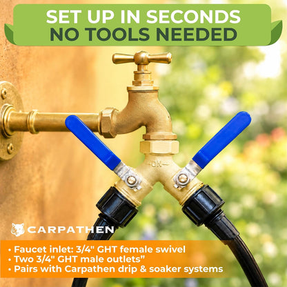 CARPATHEN Brass Hose Splitter 2 Way Heavy Duty - Solid Brass Garden Hose Splitter, Y Valve Water Connector with Long Handles, Full Flow 3/4 Inch GHT Thread for Outdoor Faucet and Spigot, Leak-Proof