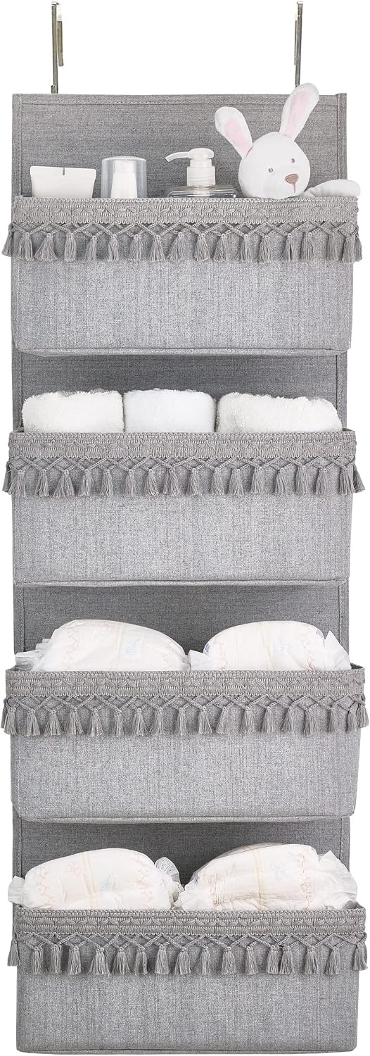 Dahey Over The Door Organizer Boho Nursery Storage Decor Closet Hanging Organizer with Tassels Decoration for Bedroom Nursery Bathroom Apartments Dorm Pantry, 5 Pockets, White