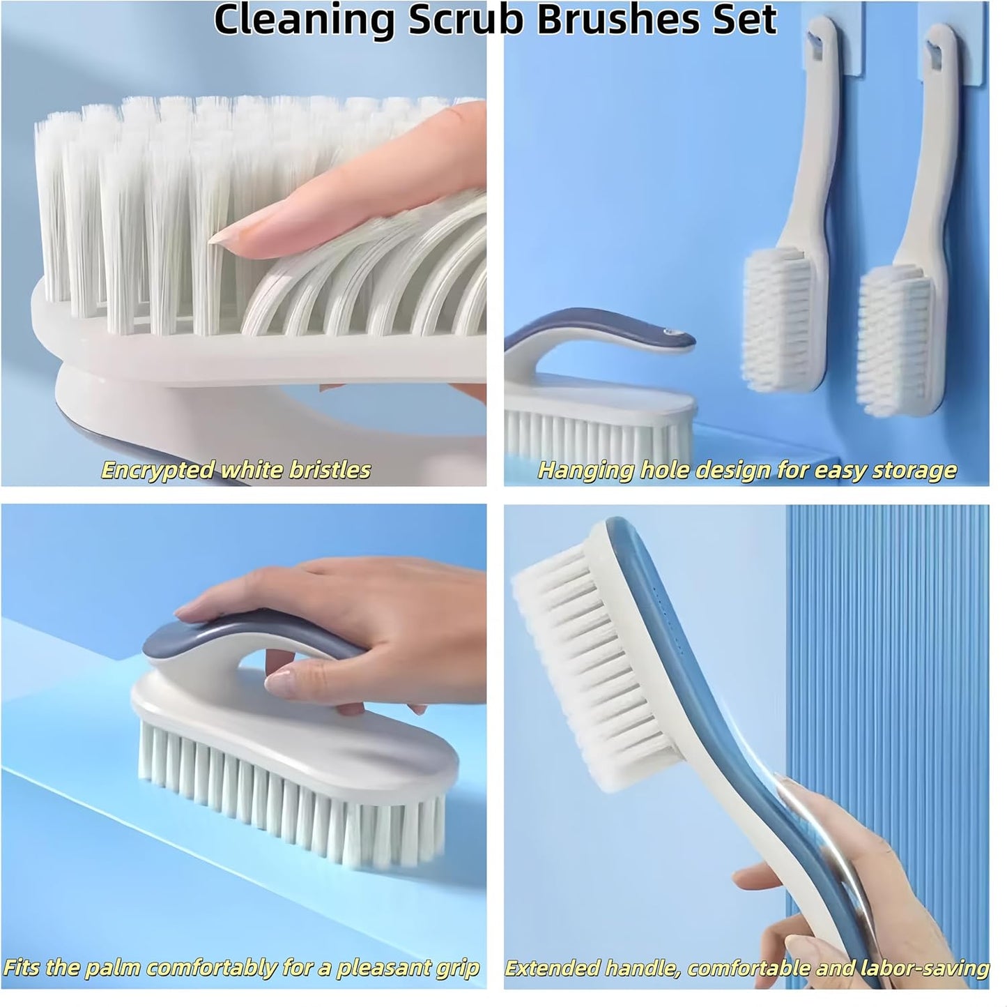 Cleaning Scrub Brushes Set, Ergonomic Long & Short Handle Cleaning Brushes, Non-Shedding Soft Moderate Hardness Bristles for Laundry Stains, Shoe Care, Fabric & Hard Surface Household Deep Cleaning