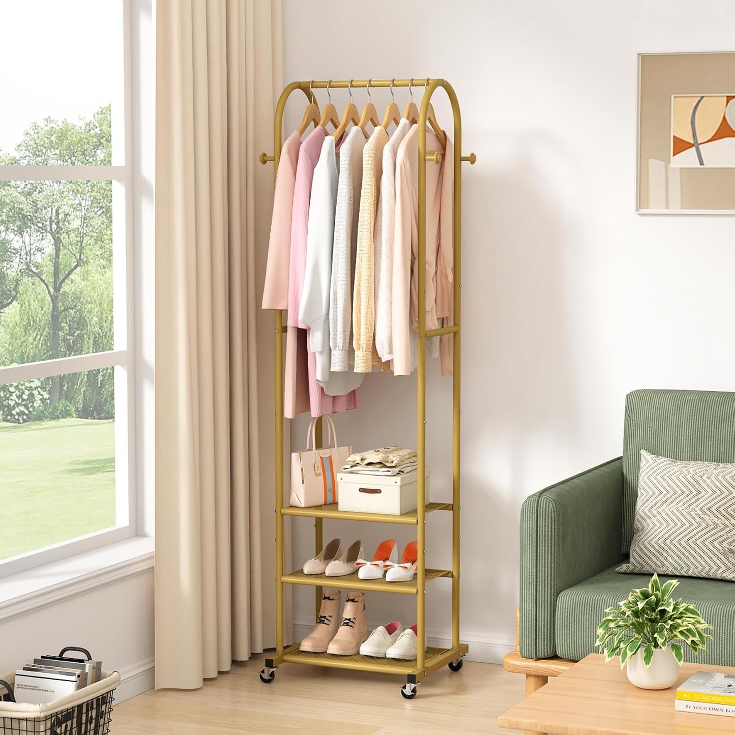 Kaitiemoo Heavy Duty Clothing Rack with Wheels,Modern Garment Rack with 3 Metal Shelves, 71.8Inches Display Rack for Hanging Clothes, Hanging Rod for Small Spaces,White