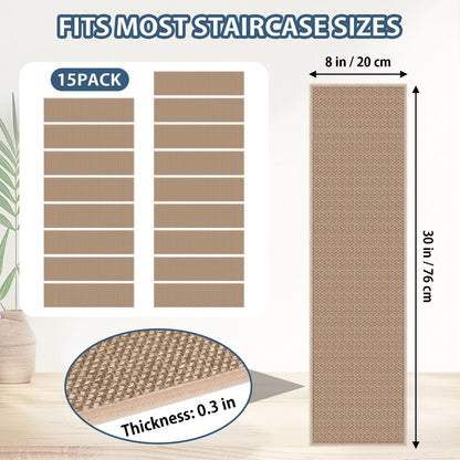 Peel and Stick Carpet Stair Treads for Wooden Steps Set of 15, Non Slip Adhesive Jute Stair Mats Indoor, Rubber Backing Safety Step Pads Mats, Grey, 8"x30"