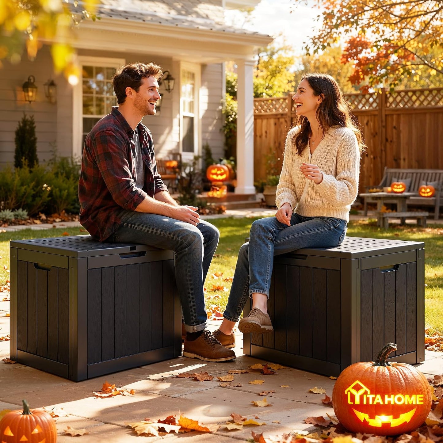 YITAHOME 134 Gallon Large Deck Box | Waterproof Resin Outdoor Storage Box with Lock, Doubles as 2-Person Bench Seating for Patio Furniture Cushions,Garden Tools &