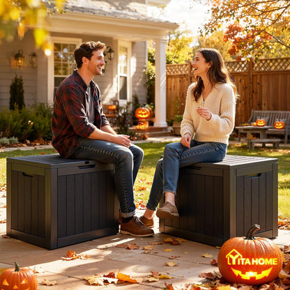 YITAHOME 134 Gallon Large Deck Box | Waterproof Resin Outdoor Storage Box with Lock, Doubles as 2-Person Bench Seating for Patio Furniture Cushions,Garden Tools &