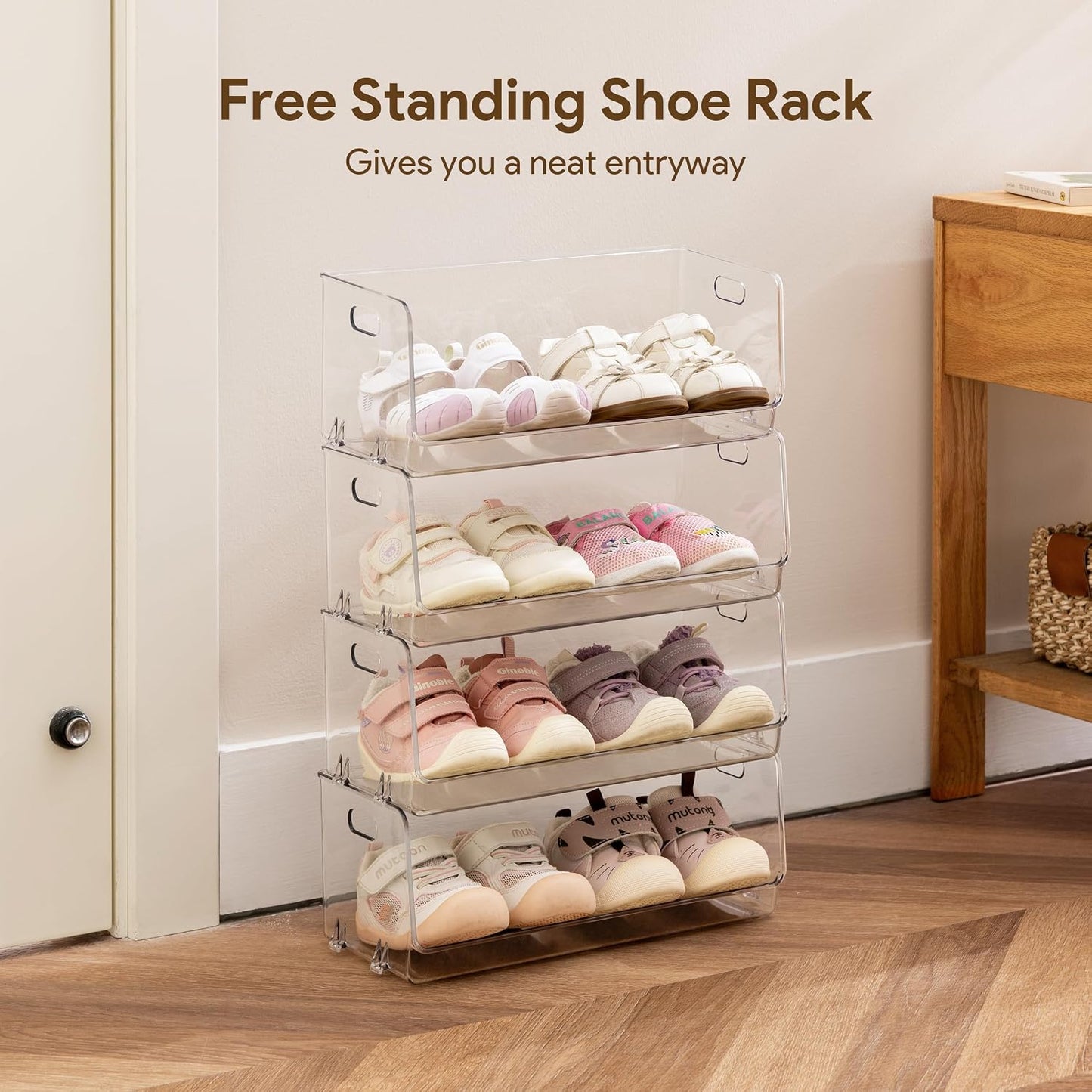 HBlife Clear Acrylic Kids Shoe Rack Baby Toddler Shoe Storage Organizer for Closet Floor Entryway Bedroom, 4 Tier Stackable Small Shoe Rack Shelf Display Stand