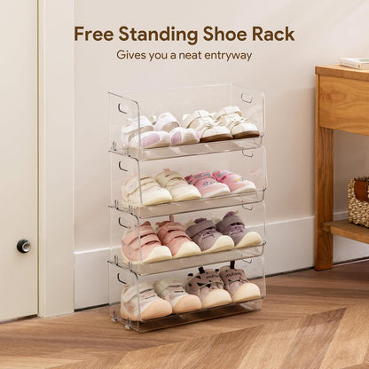 HBlife Clear Acrylic Kids Shoe Rack Baby Toddler Shoe Storage Organizer for Closet Floor Entryway Bedroom, 4 Tier Stackable Small Shoe Rack Shelf Display Stand