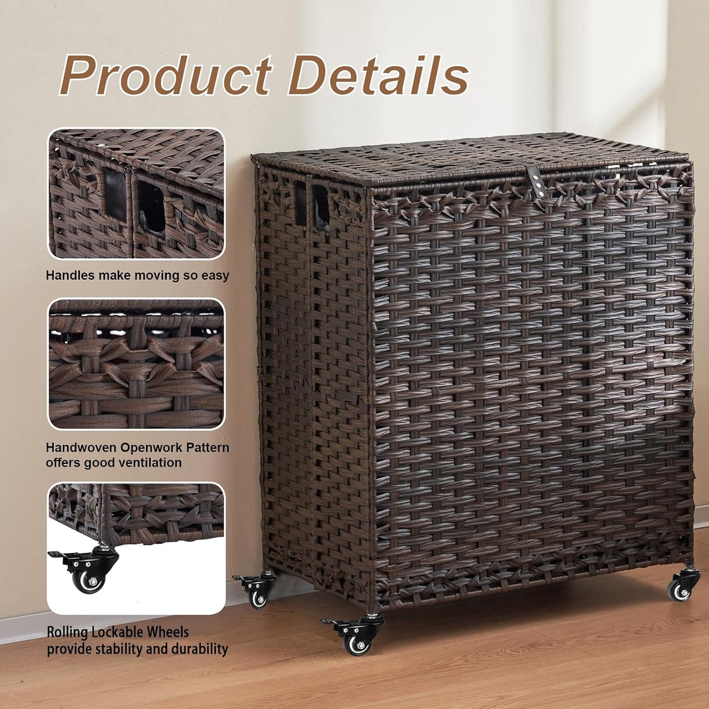 Laundry Hamper with Wheels&Lid, 50.2 Gallons(190L) Rolling Laundry Basket with Wheels, 3-Section Laundry Hamper, Handwoven Rattan Clothes Hamper with 6 Removable Liner& 3 Mesh Laundry Bags, Grey