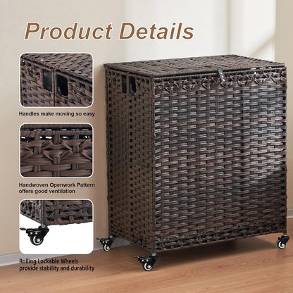 Laundry Hamper with Wheels&Lid, 50.2 Gallons(190L) Rolling Laundry Basket with Wheels, 3-Section Laundry Hamper, Handwoven Rattan Clothes Hamper with 6 Removable Liner& 3 Mesh Laundry Bags, Grey
