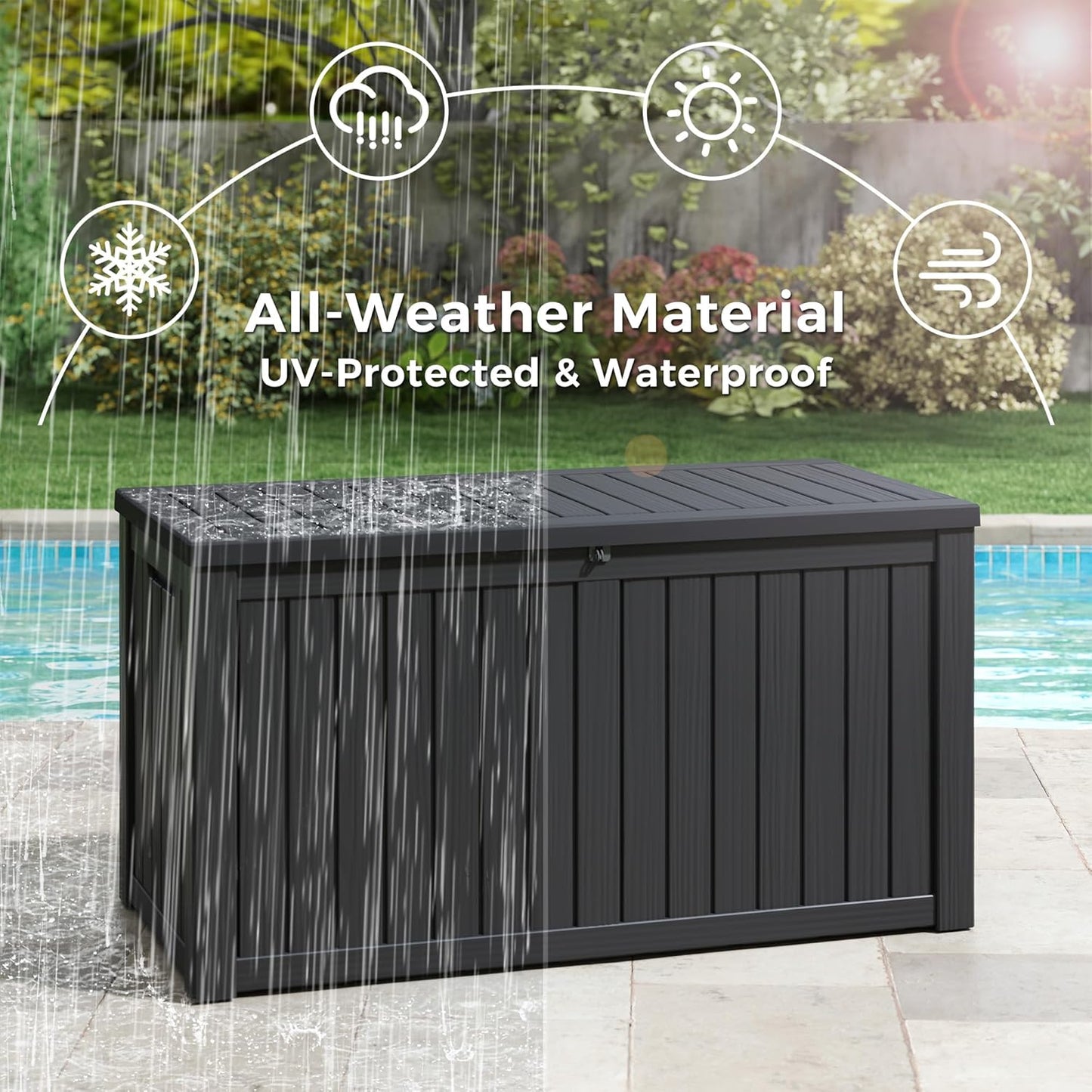NUNU LAB Outdoor Storage Box, 45 Gallon Outside Deck Box Waterproof, Resin Outdoor Storage Cabinet With Lockable Lid, Backyard Storage Bench For Garden Tools, Patio Cushions, Pool Tools, Black