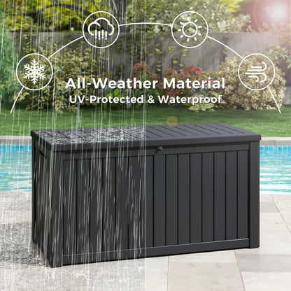 NUNU LAB Outdoor Storage Box, 45 Gallon Outside Deck Box Waterproof, Resin Outdoor Storage Cabinet With Lockable Lid, Backyard Storage Bench For Garden Tools, Patio Cushions, Pool Tools, Black