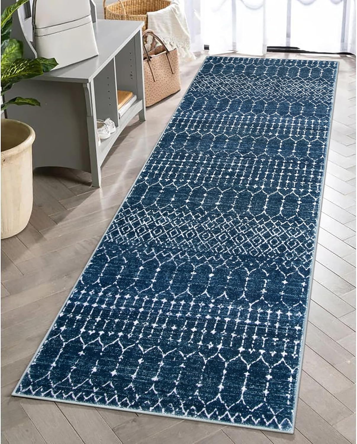 Lahome Moroccan Entry Rug 2x3, Non-Slip Washable Front Indoor Door Mat Rubber Backing Low-Profile Door Rugs, Small Geometric Print Distressed for Entryway Bathroom Kitchen, Black Hana