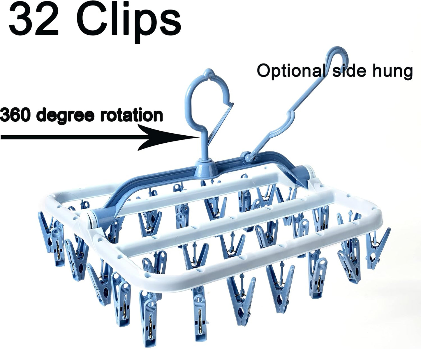 Foshine Clothes Drying Racks Foldable Clip Hangers Plastic with 32 Clips | Clip Hangers Wind-Proof Hook Underwear Hanger For Socks Bras Blue
