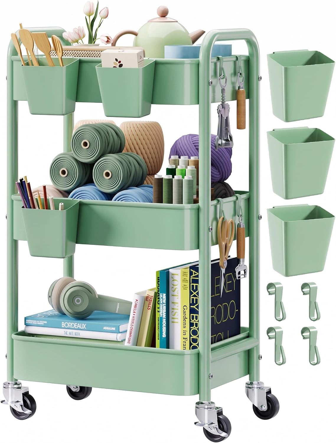 2 Tier Small Rolling Cart Metal with Wheels, White Under Desk Storage Cart on Wheels, Short Utility Roller Caddy Carts Organizer for Art,Craft,Pantry,Bathroom, Two Tiered Shelf Trolley,22 Inches Tall