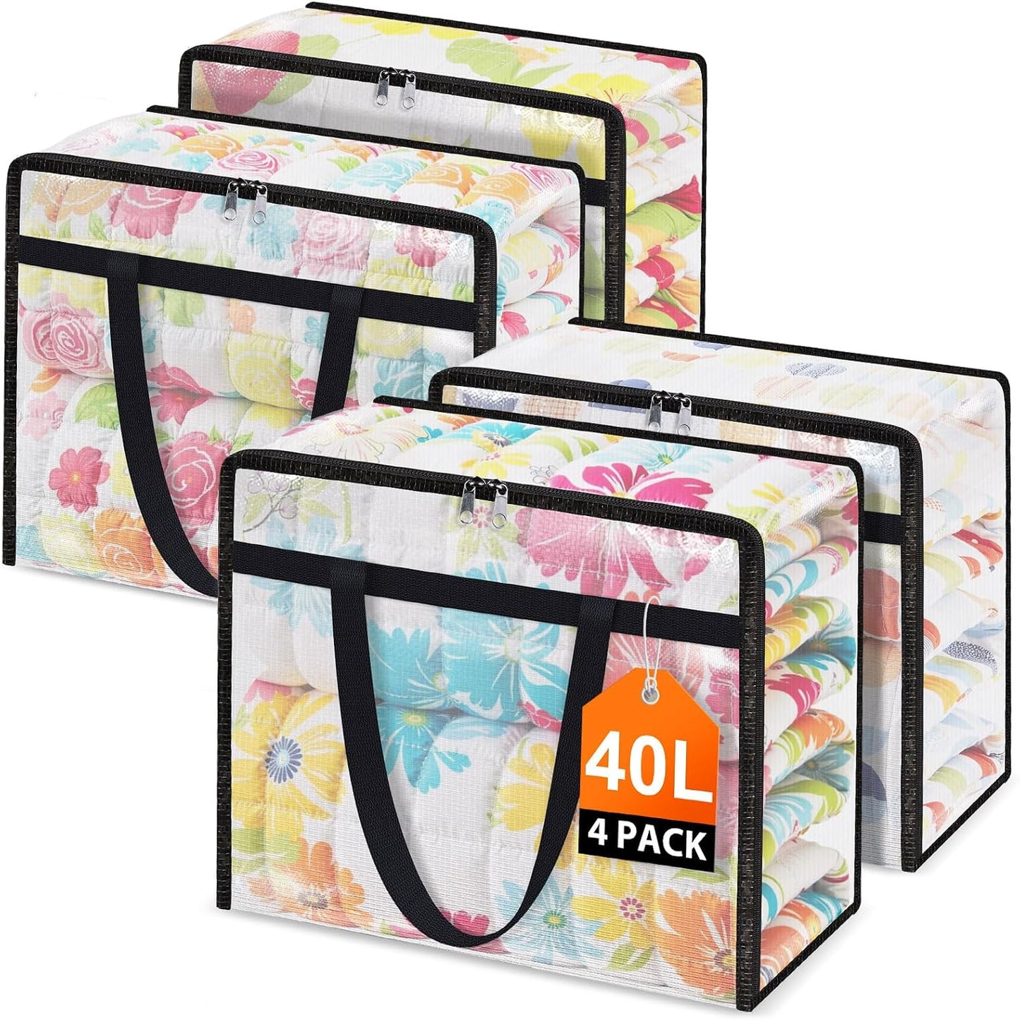 4 Packs Clear Under Bed Storage Containers - 60 L Large Capacity Clothes Storage Bags with Lid & Sturdy Handles, Foldable Moving Bags, Clothing Organizer Totes for Bedding, Comforter, Sheet