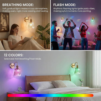 YUNICE Rechargeable Wall Sconces Set of 2 Battery Operated Wall Sconce with Remote Control Dimmable Cordless Wall Lamp with Amber Glass Lampshade Antique Brass Wall Lights for Bedroom Living Room