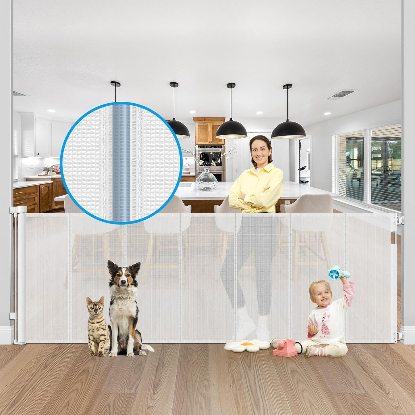 42 Inch Extra Tall Retractable Baby Gates with Reinforced Strips 55 Inch Wide Outdoor Retractable Dog Gate No Sag Extra Tall Baby Gate for Doorway Anti-Scratch Mesh Gates for Kids or Pets, White