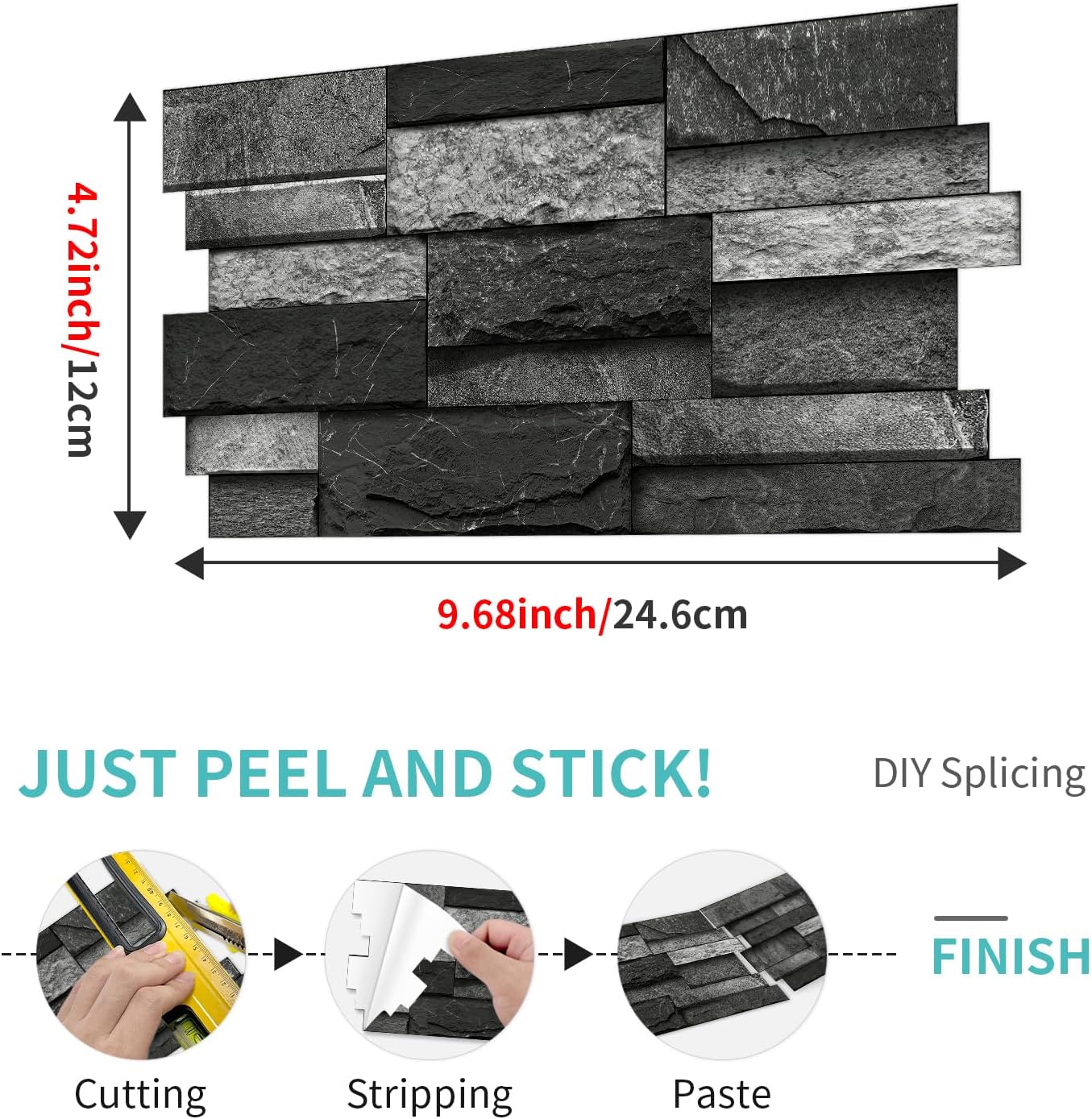 36 Sheets of Self Adhesive Marble Tile Wall Tiles Vinyl Sticker | 9.68 x 4.72in Water Resistant, Easy to Stick and Peel off, Suitable for DIY Decoration on Ceilings and Walls (Black)
