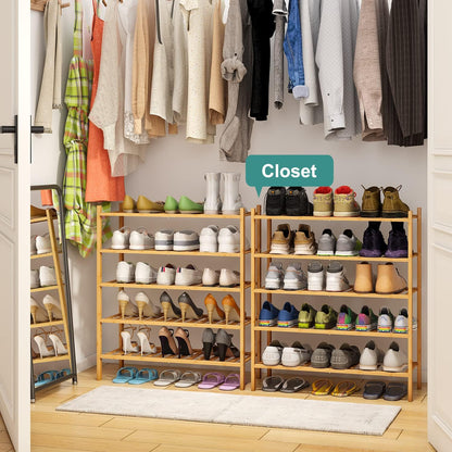 viewcare 3-Tier Black Bamboo Shoe Rack for Entryway, Stackable | Foldable | Natural, Shoe Shelf Storage Organizer for Hallway Closet, Free Standing Shoe Racks for Indoor Outdoor