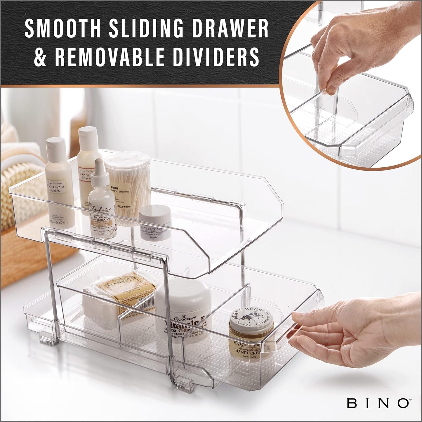 BINO 2 Tier Clear Storage Organizer with Dividers | Slide Out Drawer for Under Sink or Medicine Cabinet | Bathroom Closet, Vanity, Pantry Organizer | Under Cabinet Storage for Bathroom and Kitchen