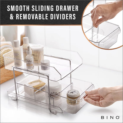 BINO 2 Tier Clear Storage Organizer with Dividers | Slide Out Drawer for Under Sink or Medicine Cabinet | Bathroom Closet, Vanity, Pantry Organizer | Under Cabinet Storage for Bathroom and Kitchen