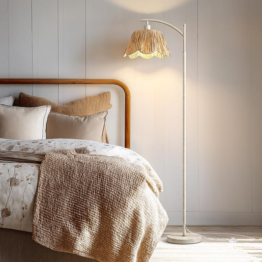 Oneach Rattan Floor Lamp for Living Room with 3 Color Temperatures, Boho Floor Lamp for Bedroom with Remote & Dimmable Bulb, Farmhouse Standing Lamp for Reading, Antique White