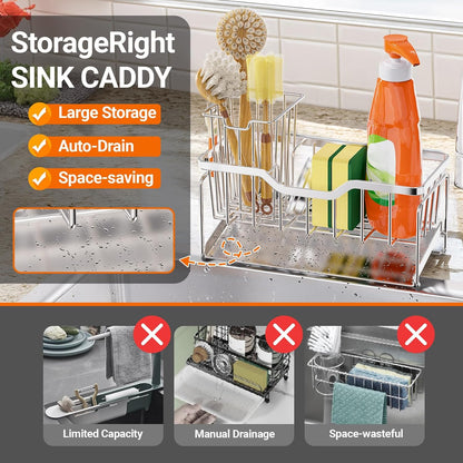 StorageRight Kitchen Sink Caddy Organizer, Rustproof Sponge Holder for Kitchen Sink, Instant Dry High Brush Holders with Drain Tray, Anti-Slip Storage Organization Essentials, Black