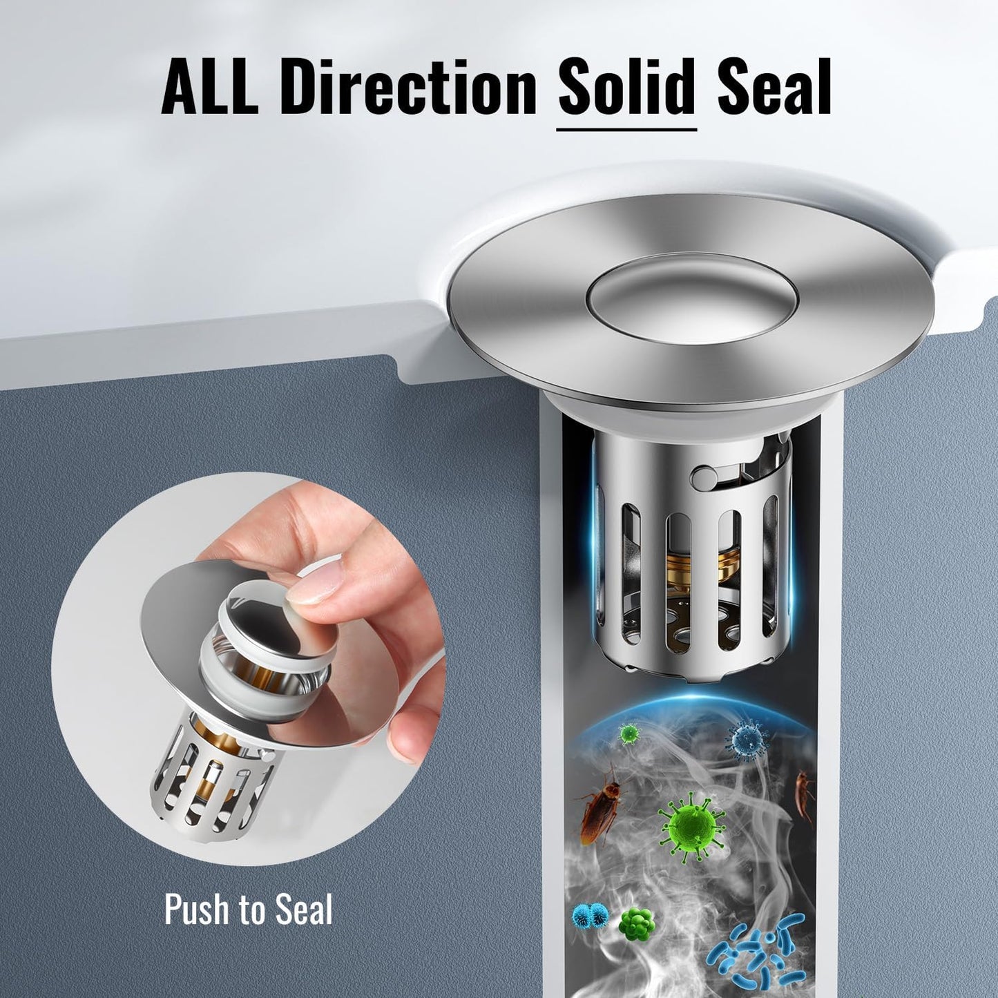 5-in-1 Bathroom Sink Stopper, 2 Pc Pop-Up Sink Drain Strainer with Removable Bascket, Anti-Clog Strainer, Odor Blocking & One-Way Flow Design, Brass & Stainless Steel All Metal Made, Fit 1.1"–2.36"