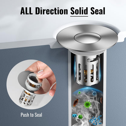 5-in-1 Bathroom Sink Stopper, 2 Pc Pop-Up Sink Drain Strainer with Removable Bascket, Anti-Clog Strainer, Odor Blocking & One-Way Flow Design, Brass & Stainless Steel All Metal Made, Fit 1.1"–2.36"