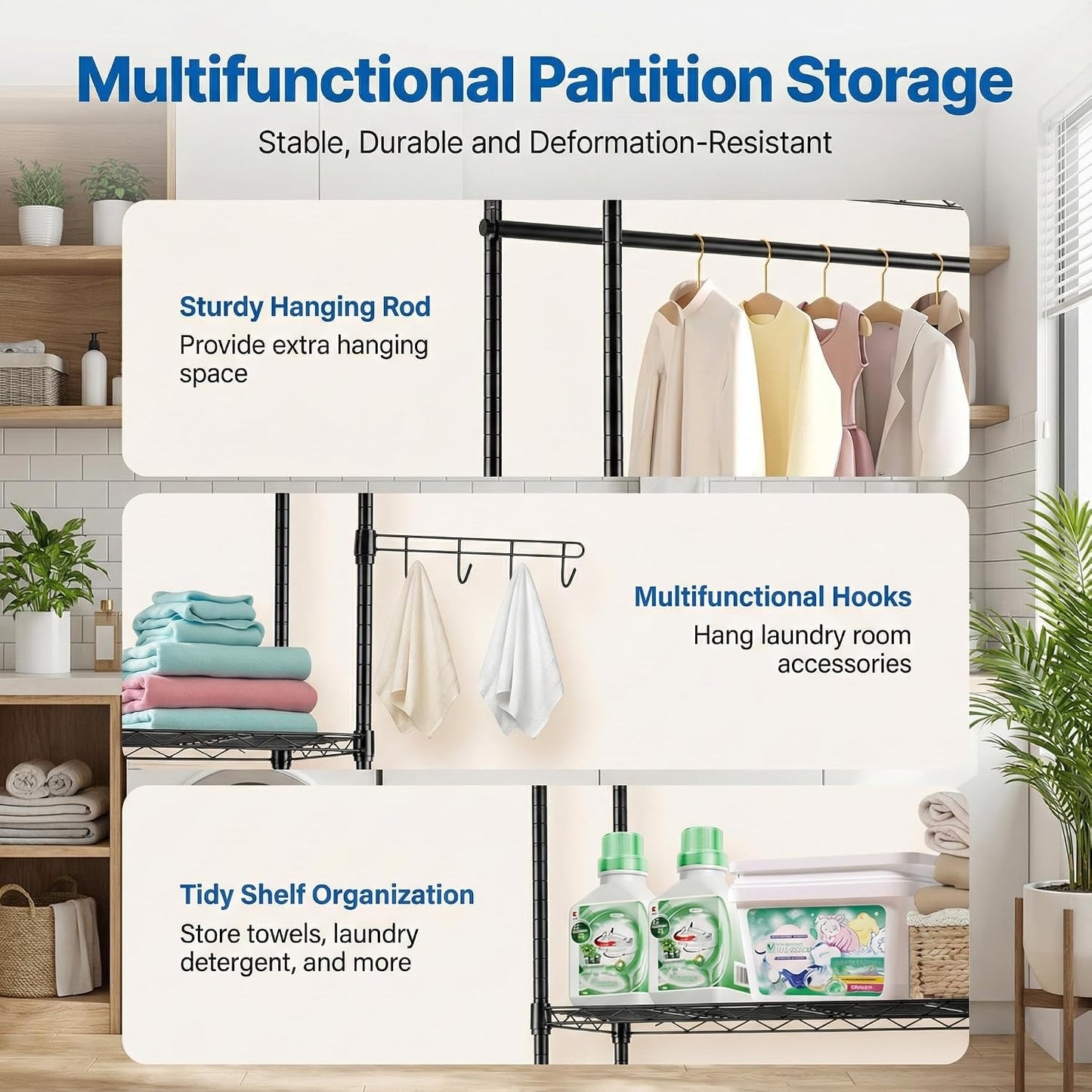 Over the Washer and Dryer Storage Shelf, 6-Tier Laundry Room Organizer with Hanging Rod & Hooks, Adjustable Heavy Duty Carbon Steel Space Saver Rack, Fits Most Washers and Dryers, Black (White)