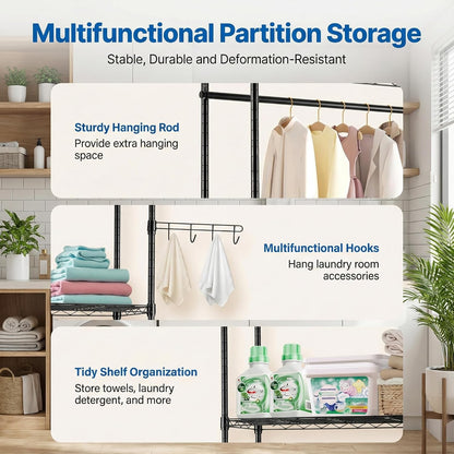Over the Washer and Dryer Storage Shelf, 6-Tier Laundry Room Organizer with Hanging Rod & Hooks, Adjustable Heavy Duty Carbon Steel Space Saver Rack, Fits Most Washers and Dryers, Black (White)