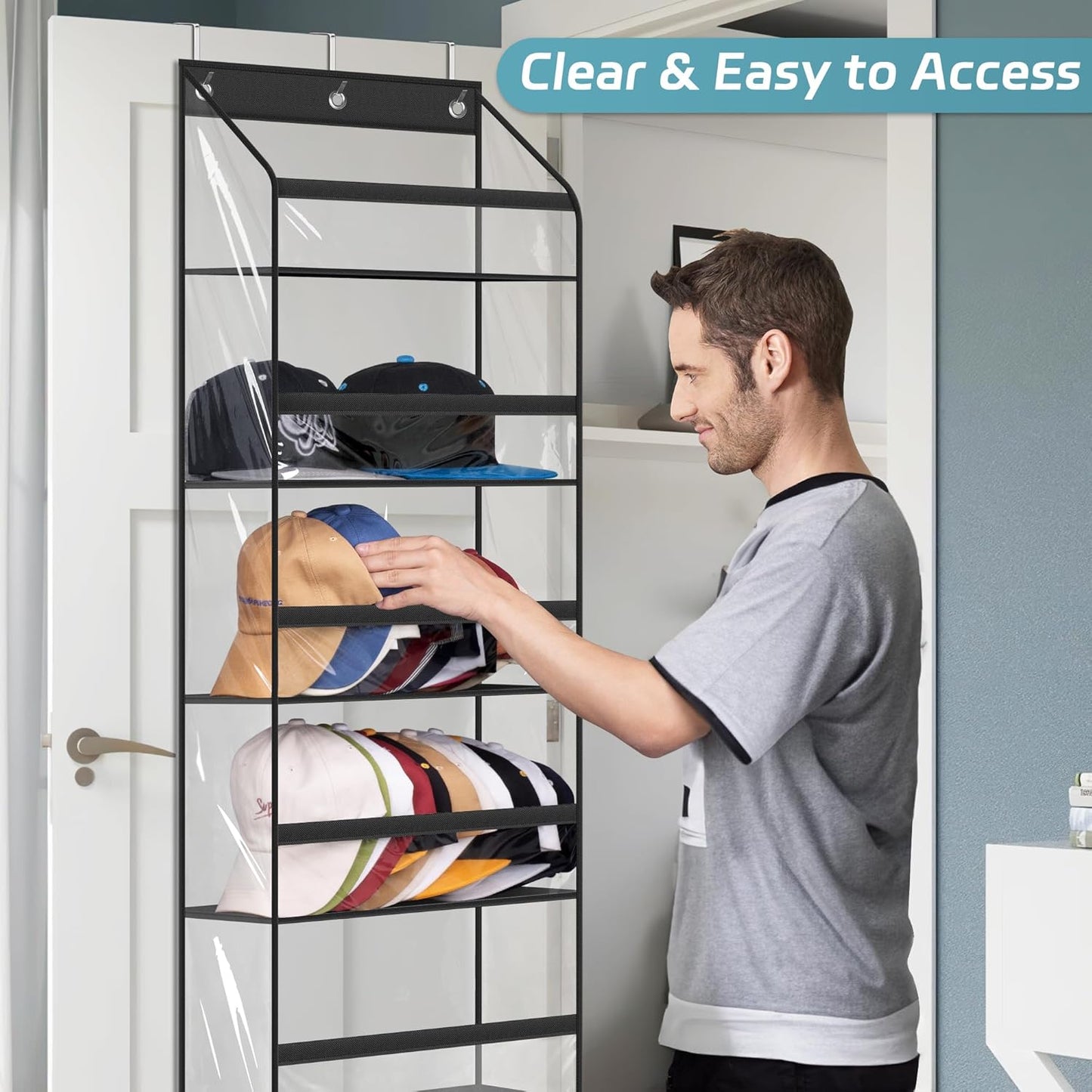 AOODA Clear Over the Door Hat Racks for Baseball Caps, Large Holds up to 72 Caps Hat Storage Organizer for Closet Wall, Deep Pockets Hanging Snapback Holder Shelves with 3 Hooks, White