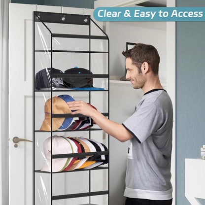 AOODA Clear Over the Door Hat Racks for Baseball Caps, Large Holds up to 72 Caps Hat Storage Organizer for Closet Wall, Deep Pockets Hanging Snapback Holder Shelves with 3 Hooks, White