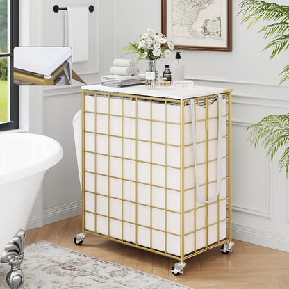 Laundry Basket with Wheels, Heavy Duty Laundry Sorter 2 Sections, 120L (32Gal.) Large Capacity Laundry Hamper with Wood Lid, 360 Rolling Wheels, Extra Side Pocket, Leather Pull Handle, Beige