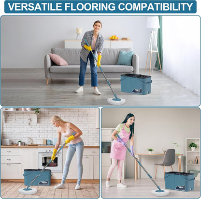 Spin Mop for Large Homes & Big Floor Cleaning, Clean & Dirty Water Separation Mop Bucket for Family & Pet Homes,4-Chamber System, Glide Wheels, Safe for Hardwood & Tile, Adjustable Handle, 6 Mop Heads