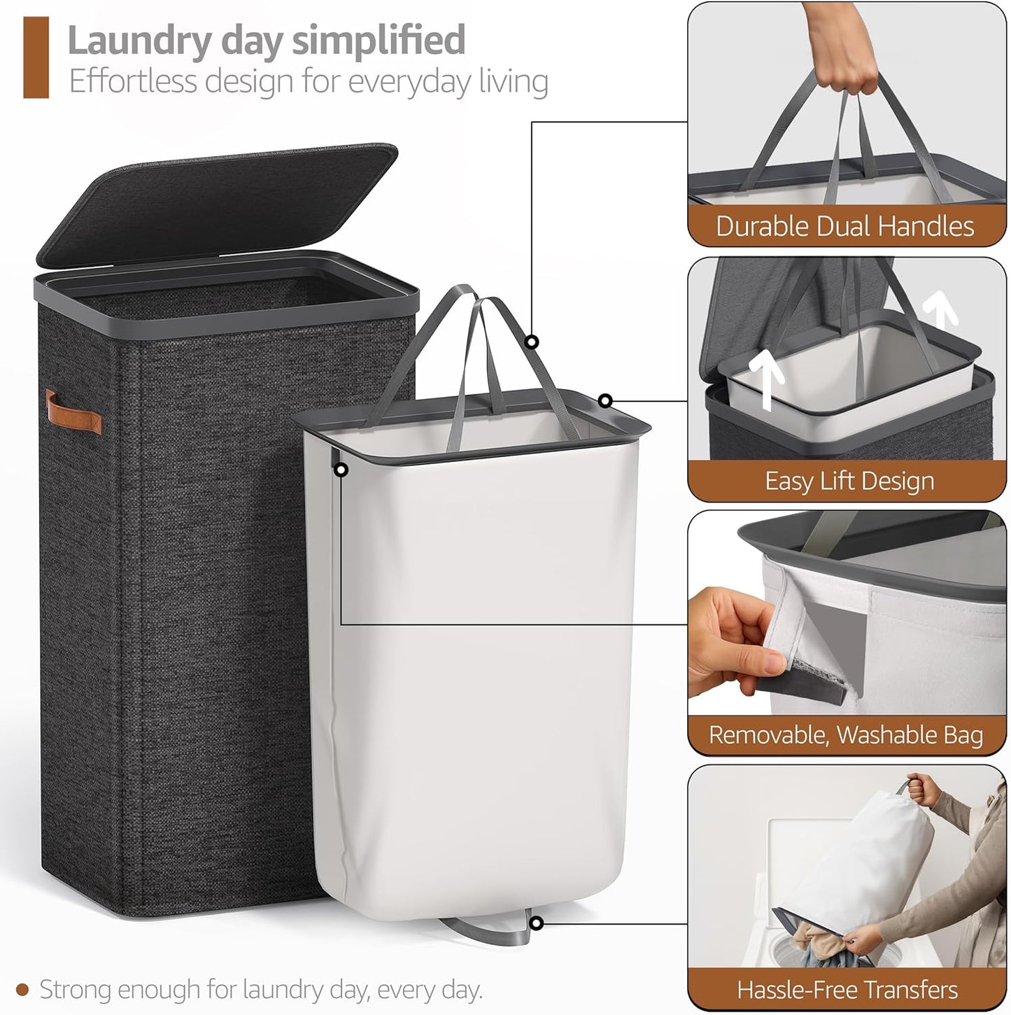 Sorbus Laundry Hamper with Lid - Collapsible 3-Compartment Fabric Laundry Basket with Handles and Removable Laundry Bag – 50 Gallon (190 L) Dirty Clothes Hamper for Bedroom, bathroom and dorm (Beige)