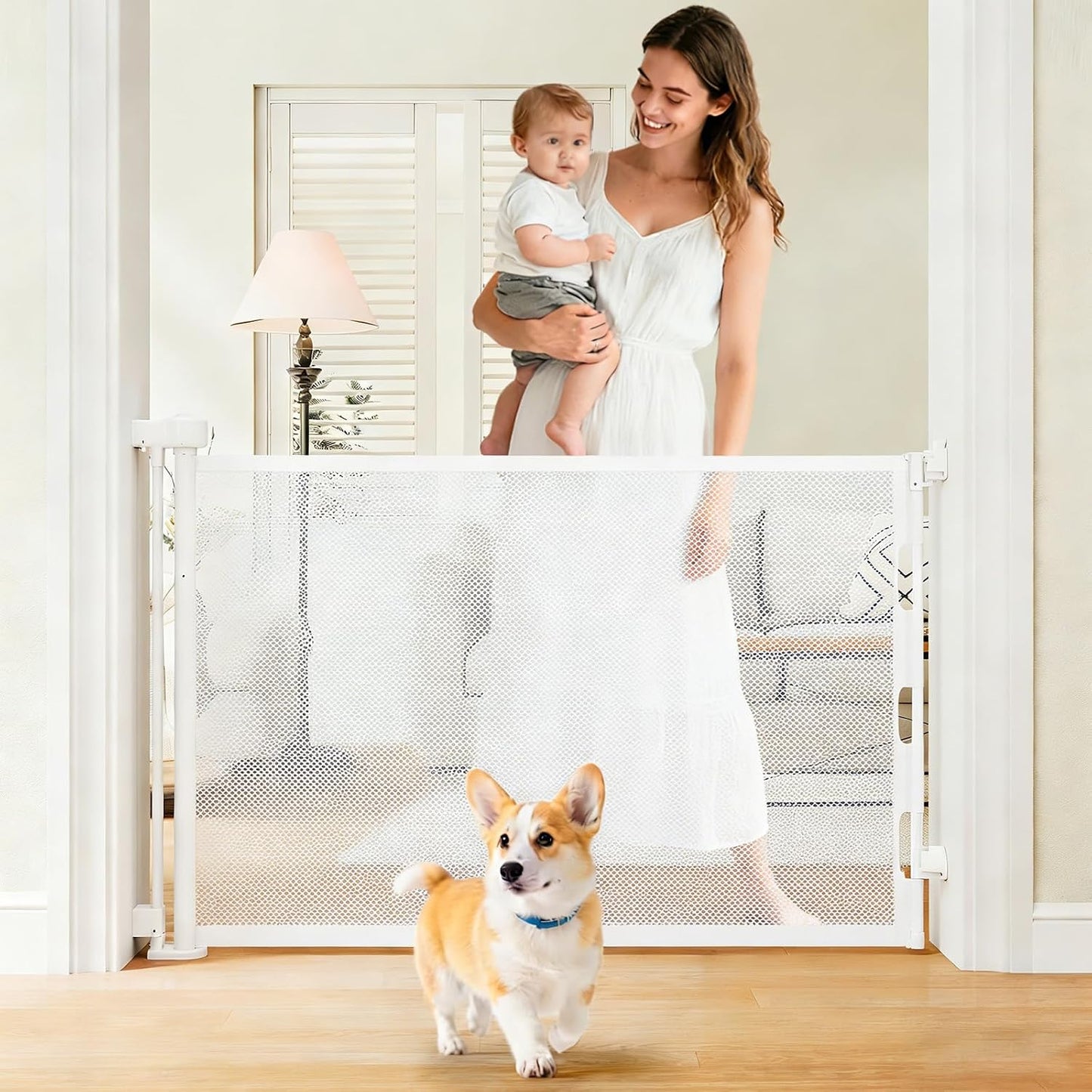Retractable Baby Gate, 55 in Wide x 33 in Tall Mesh Dog Gate, Hardware Mounted Safety Gate with Double Lock for Doorways, Hallways, Indoor Outdoor, White