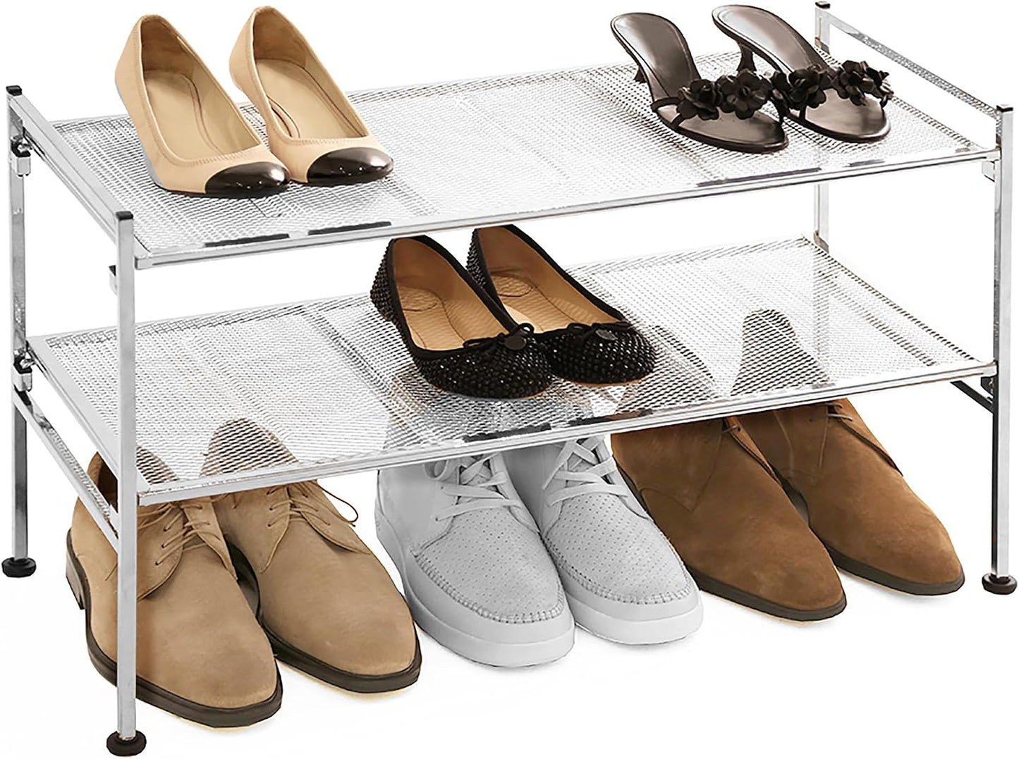 Seville Classics Sturdy Freestanding Storage Shelf for Bedroom, Closet, Entryway, Dorm Room Organizer Stackable Durable Metal Shoe Rack Ash Gray Slat, 3-Tier