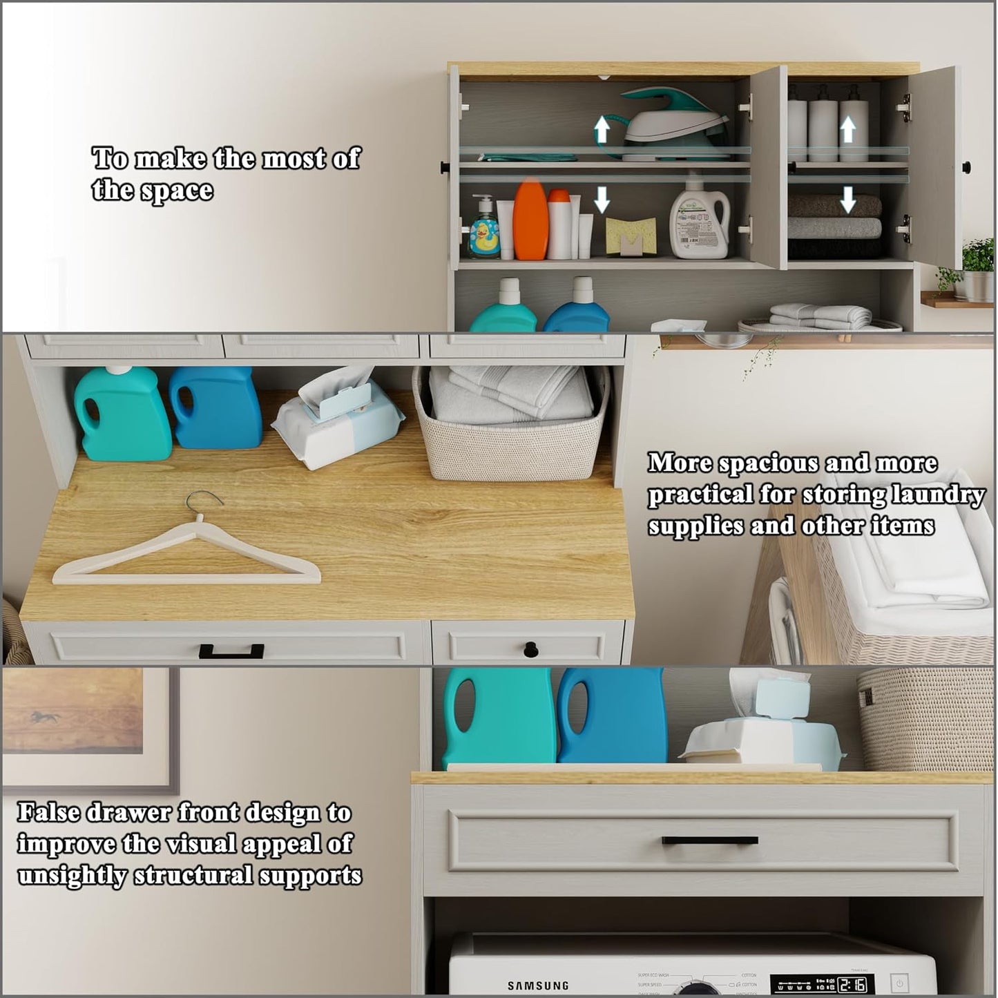 Locsear Unique Pantry Combines Robot Vacuum Cabinet and Laundry Hamper, Over The Washer or Dryer Storage Shelves, Compact Washing Machines with a Width of Less Than 27 inches