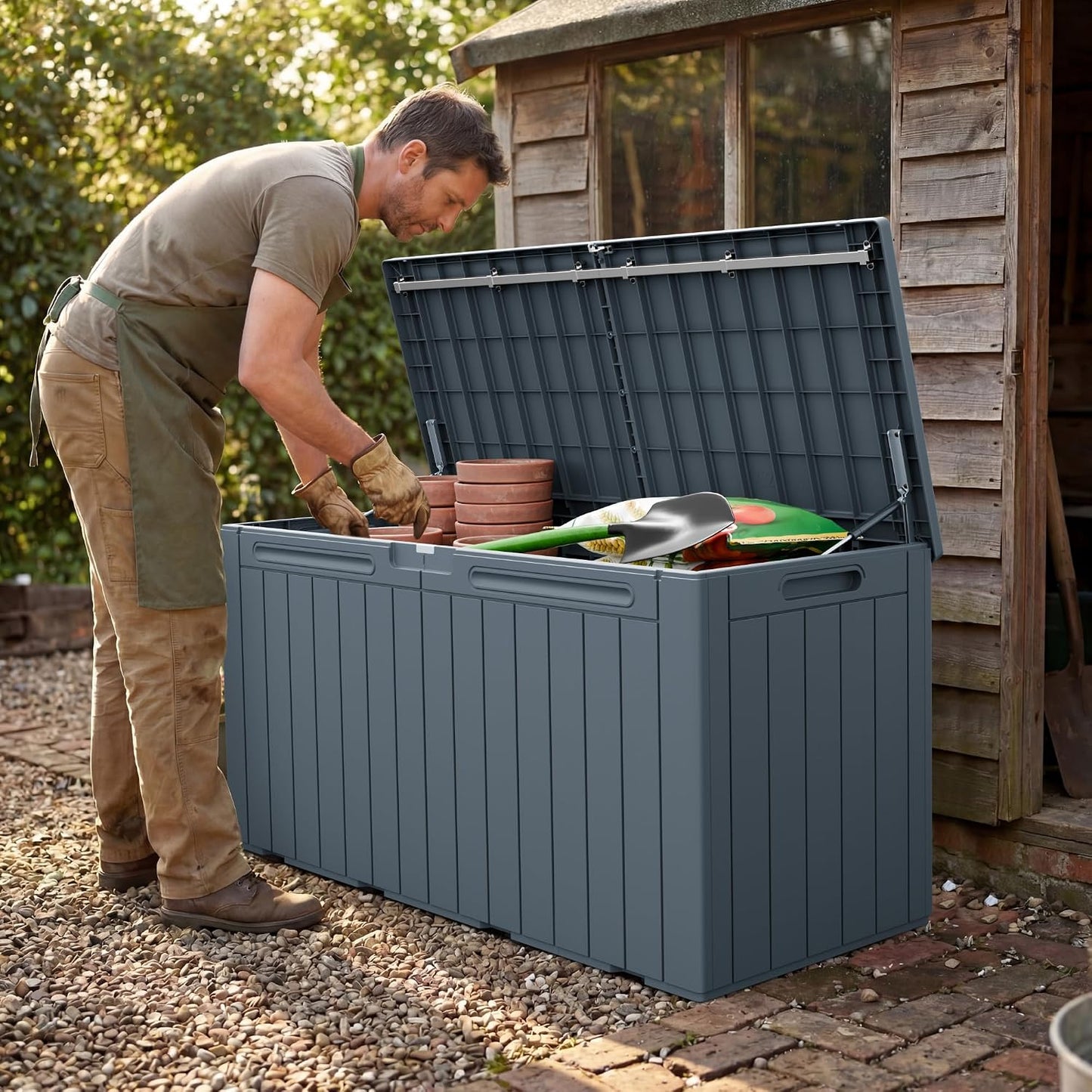 Greesum 110 Gallon Outdoor Storage Box with Lockable Lid, All-Weather for Patio Furniture, Pool Supplies & Garden Tools, Waterproof, UV-Resistant Large Deck Box, Dark Black