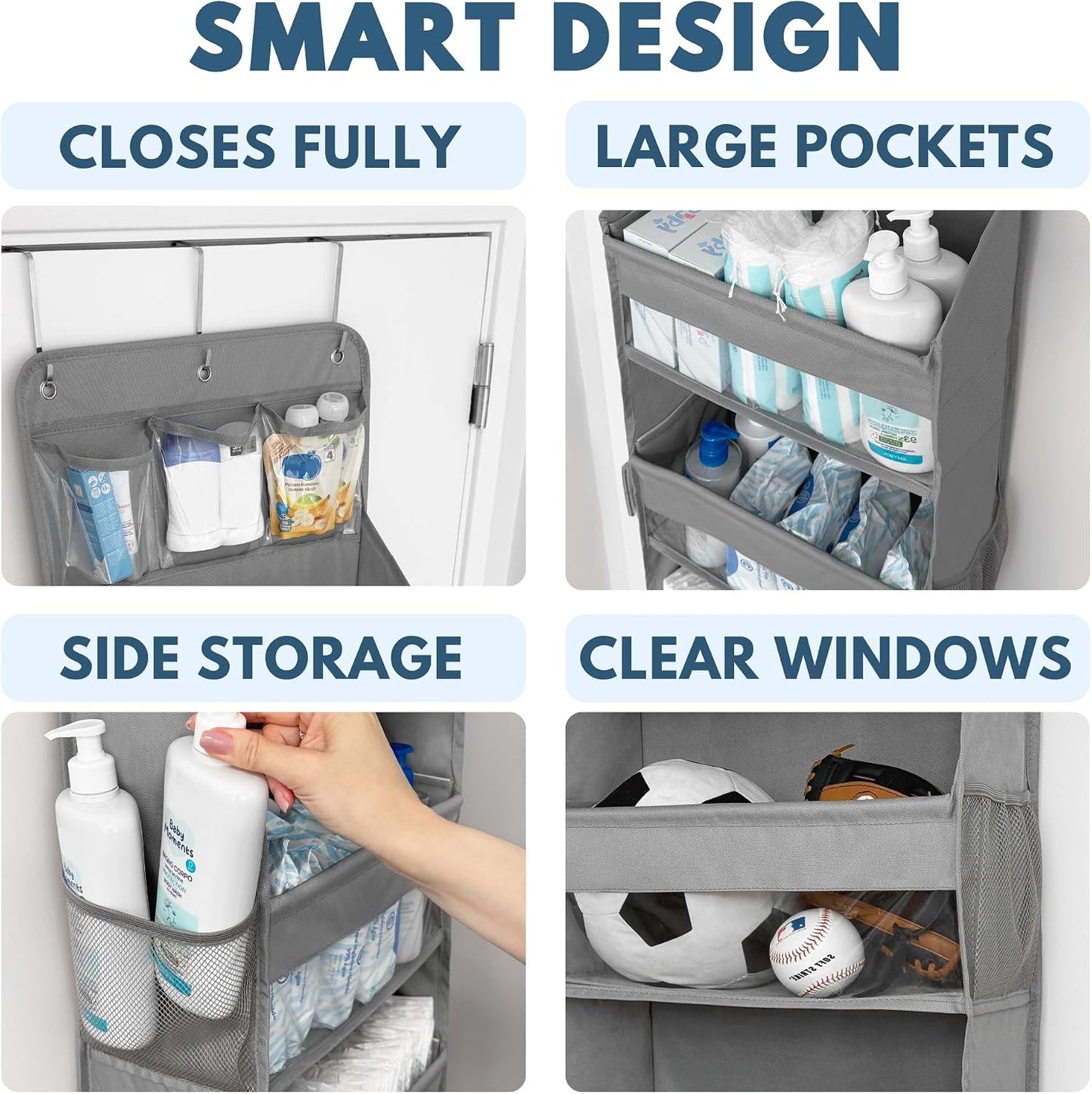 Over The Door Organizer with 5 Large Pockets, 5-Tier Hanging Storage | 5 Large & 6 Side Pockets, Behind Door Storage, 50 lbs Capacity, For Closet, Nursery, Bathroom