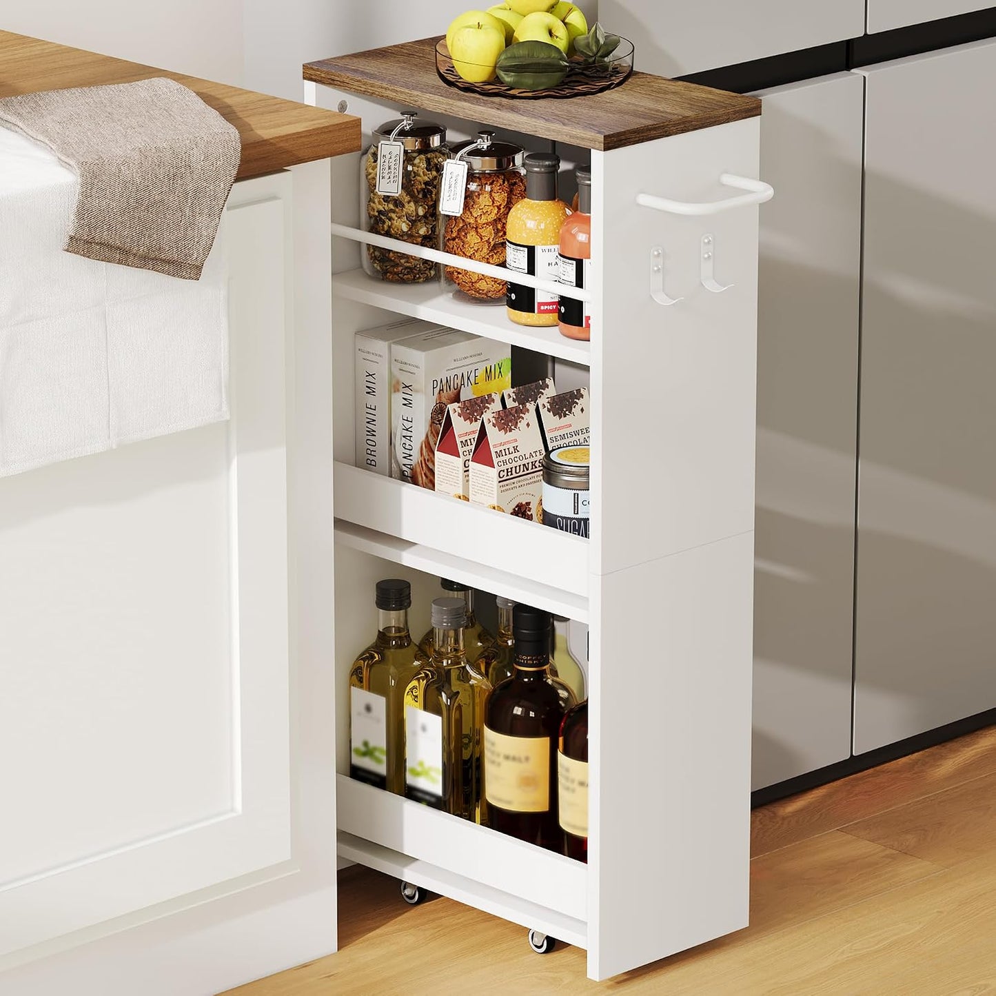 ChooChoo 4-Tier Slim Storage Cart, 7.87 inches Wide Narrow Storage Cabinet with 360° Wheels and 2 Hooks, Space-Saving Organizer for Kitchen, Narrow Places, Dining Room, Walnut+White
